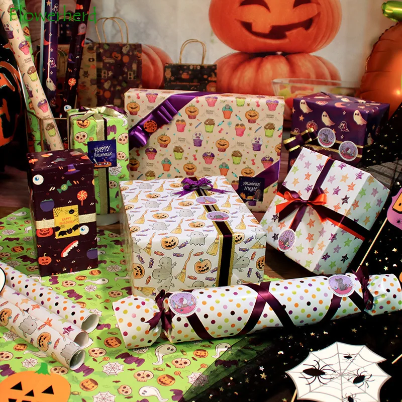 Halloween Gift Wrapping Paper Horror Funny Pumpkin Broom Ghost Starry Sky Decoration Paper
