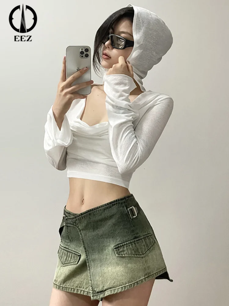 

Hooded Crop Top with Sleeves White T-shirt Women Slim Fit 2000s Aesthetic Summer Blouses Folds Waistless Sun-protective Y2k Top