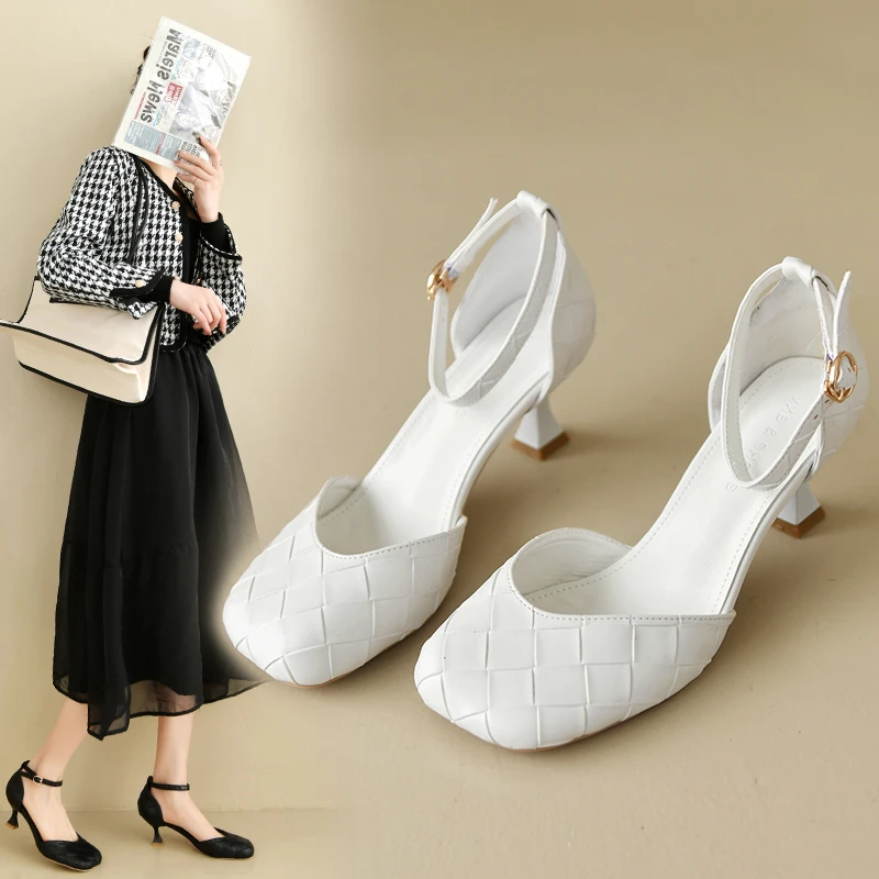 

2022 New Arrival Women Pumps Black Checker stiletto Sandal Shoe Casual Party Office Square Toe Ankle Buckle Strap Shoes Sapatos