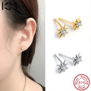 KISS MANDY 100% Real Sterling Silver 925 Fashion Gold Stars Stud Earrings For Women Small Single Diamond Ear Jewelry Gifts APE27