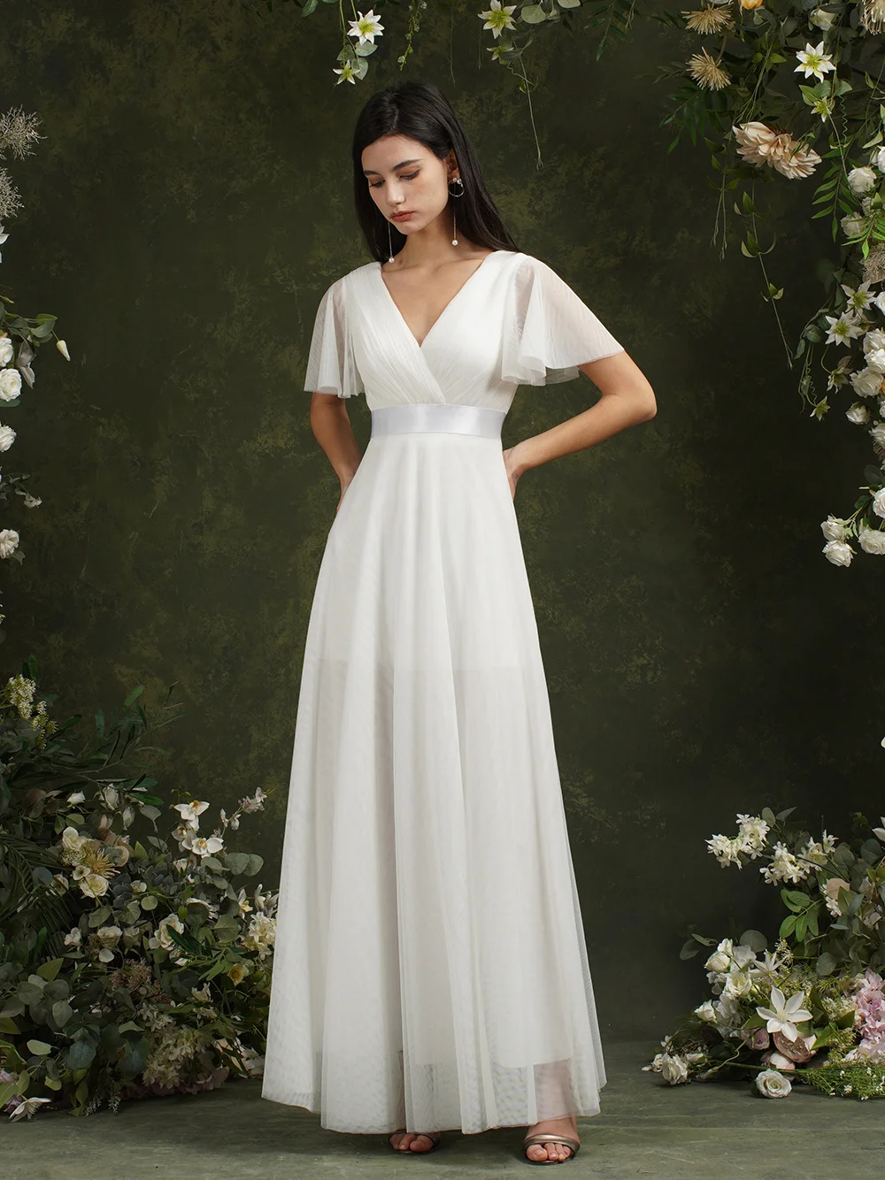 Женское летнее платье MisShow, белое шифоновое платье с расклешенными рукавами, классическое плиссированное платье с бюстом, атласные ленты, Д... от AliExpress RU&CIS NEW