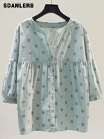 retro style polka dot shirt womens 2022 summer fashionable round neck loose fitting peasant blouse cotton linen shirt top