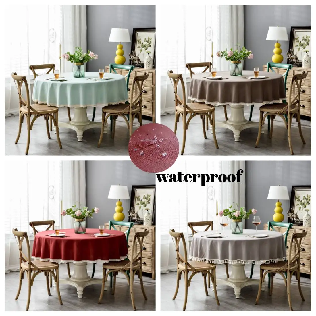 

Waterproof Round Tablecloths Dining Table Coffee Covers Pure Color Imitation Cotton And Linen Fringed Lace Ins Nordic Style