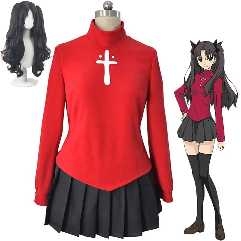 

Fate Stay Night Tohsaka Rin Cosplay Costume Long Wig Red Black Skirt Set for Women Carnival Suit Role Play Halloween Dresses