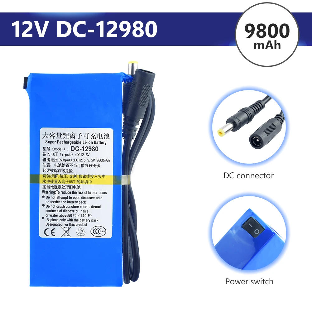 

DC-12980 12V 9800mah литий-ионный Аккумулятор Переключатель Bms для камеры видеонаблюдения Превышение напряжения Аккумуляторный блок + вкл/выкл