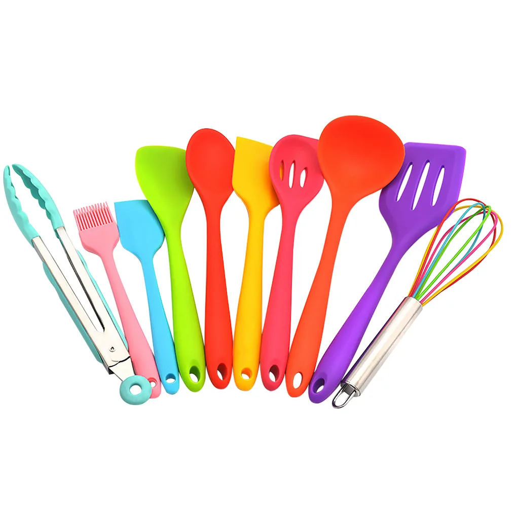 

10Pcs Silicone Spatulas Set Heat Resistant Tongs Multi-color Whisk Non-stick Kitchen Utensils for Cooking Baking