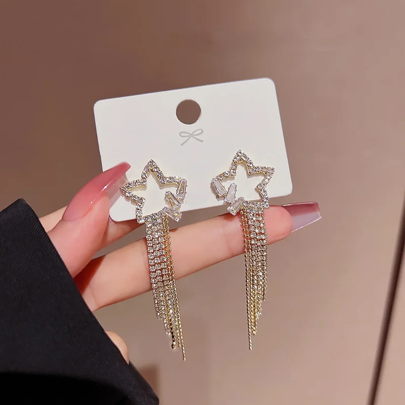 

Fashion Design Shining Antique Gold Color Hollow Star Pendant Rhinestone Zircon Earrings Women Vintage Drop Tassel Earrings Gift