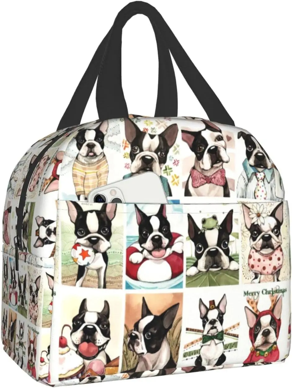 

Cute Boston Terrier Dog Pattern Lunch Bag Teen Work School Insulated Cooler Lunch box for Adults Tote Thermos Reusable