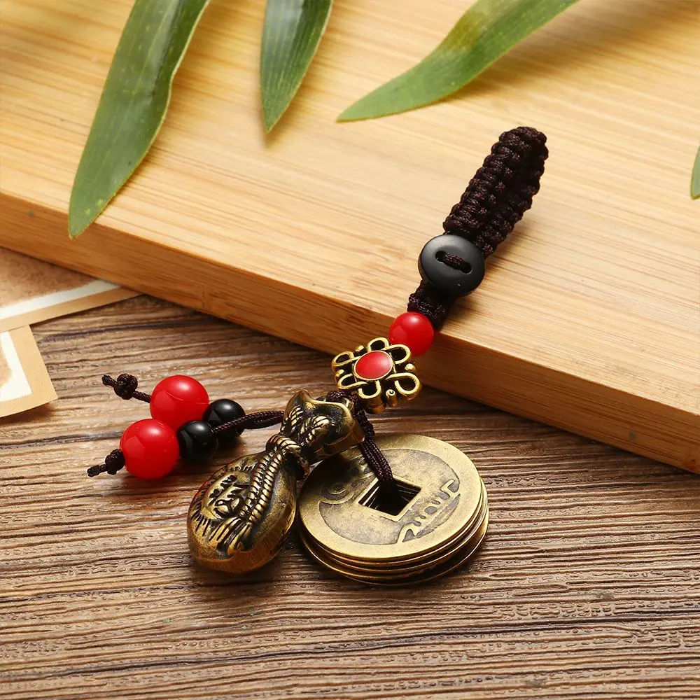 

Rope Keychain Handmade Woven Lanyard Keyring Vintage Brass Money Bag Keychain Feng Shui Hanging Jewelry Chinese Style