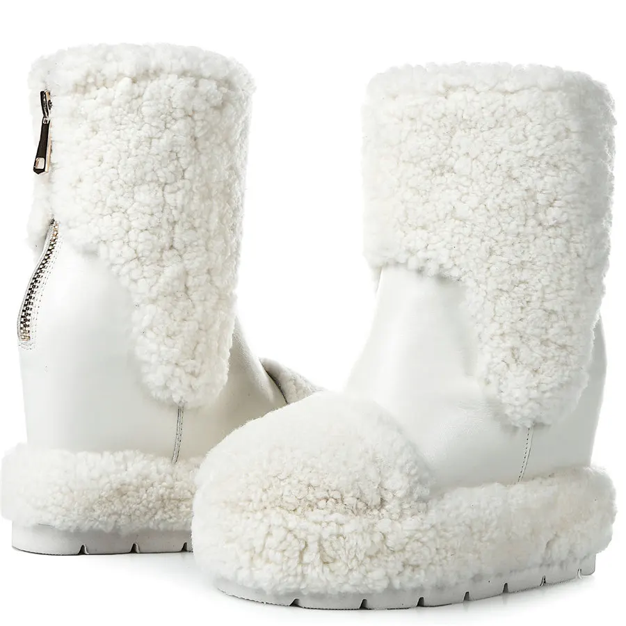 Winter Warm Fur Pumps Women Genuine Leather Wedges High Heel Snow Boots Female High Top Round Toe Fashion Sneakers Casual Shoes