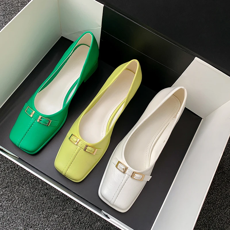 

Square Toe Women Pumps Shallow Slip On Yellow Green White Belt Design Thick Low Heels Autumn Spring Party Pumps Shoes Woman 39