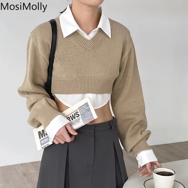 

MosiMolly V neck Short Sweater Jumper Pullovers Women Comfy Soft Sweater Knitting Sweater Tops 2022 Autumn OL Sweater