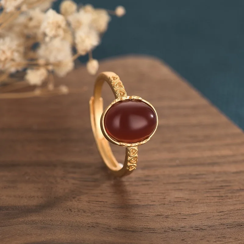 

China Style Copper Gold-Plated Natural Wine Red Chalcedony Agate Heart Pattern Open Adjustable Rings for Men and Women Jewelry