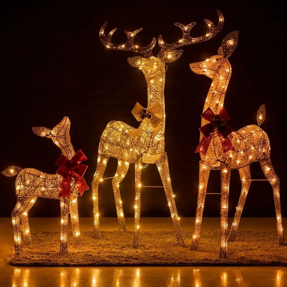 

3-Piece Pre-lit 3D Christmas Reindeer Family, Lighted Glitter Christmas Deer Holiday Decoration with 210 Warm White LED Lights
