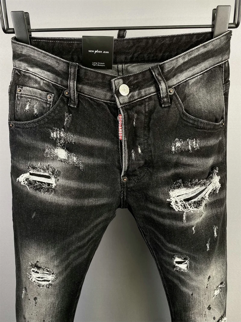New Men's Dsquared2 Buttons Jeans Ripped For Male Skinny  Pants Men's Denim Trousers Top Quality Slim Jeans 9835