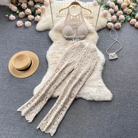 new women summer knitted sets halter short tops wide leg long pants sets beach sexy backless hollow out two piece suits mujer