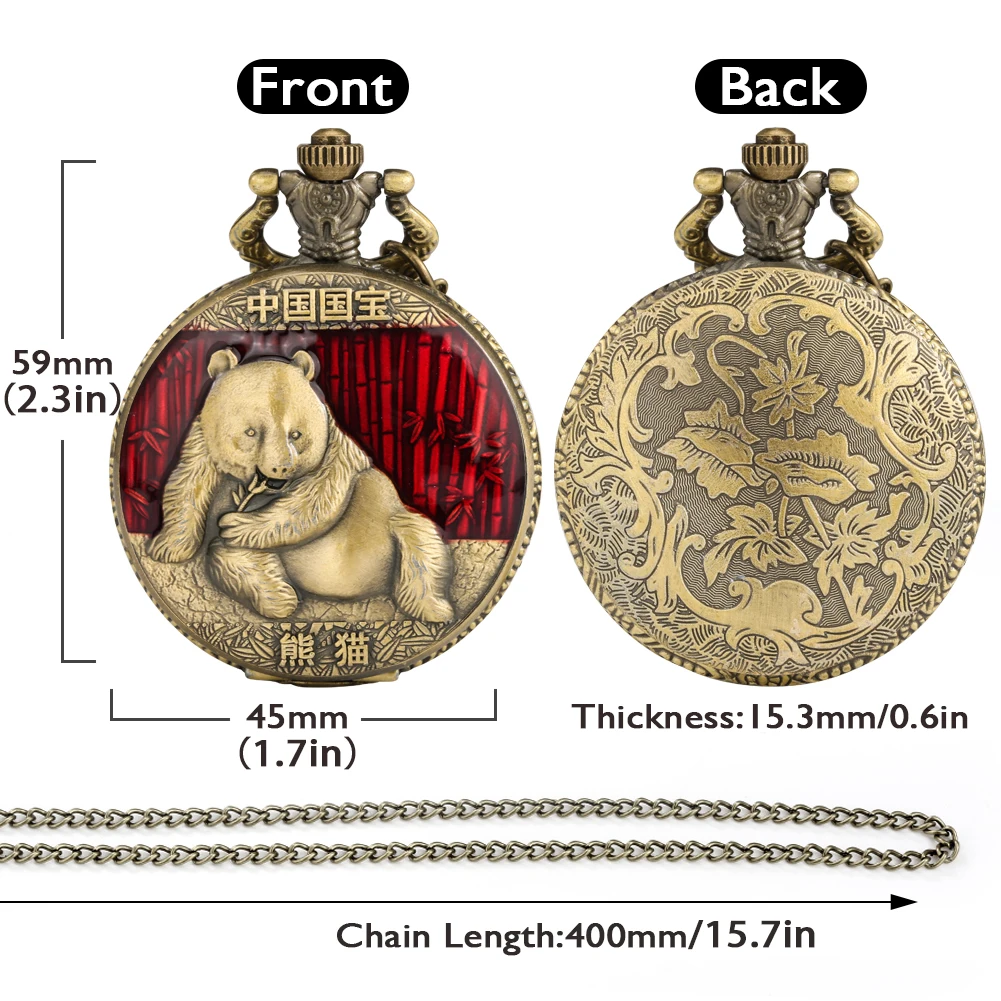 Vintage Pocket Watch Quartz 3D Creative Red Giant Panda Carving Souvenir Gift for Men Women Fob Watch Chain Animal Pedent Clock