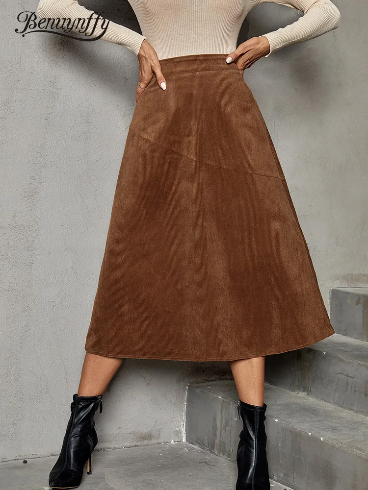 

Benuynffy Solid Corduroy Autumn Winter Long Skirt Women Elegant High Waist Zip Back Office Ladies Casual A-Line Skirts 2022