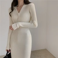 tight fitting knitted dress female evening party tunic v neck pullover long vintage autumn winter 2022 trend elegant dresses
