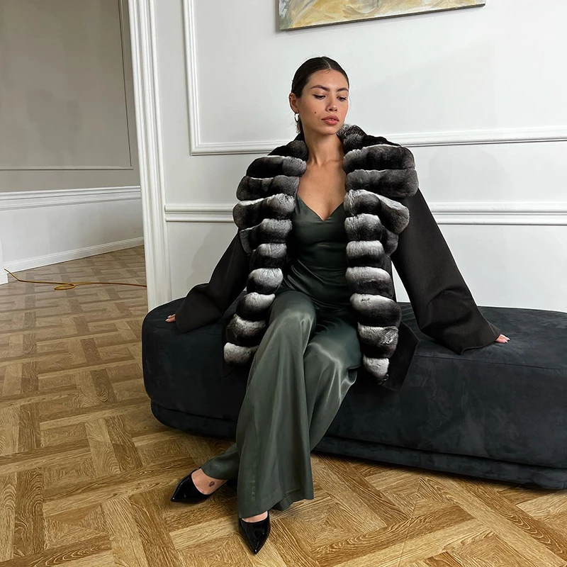 Genuine Chinchilla Fur Collar Patchwork Woolen Jacket Women Fashion Warm Outertwear Natural Rex Rabbit Fur Black Wool Coat Lady