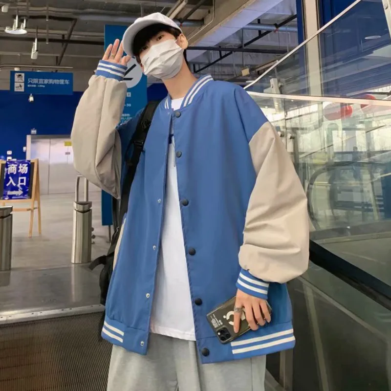 

Fashion Patchwork Jackets Men Rib Sleeve Loose Casual Bomber Jacket All-match Korean Couple Retro Streetwear Vintage Ins Autumn