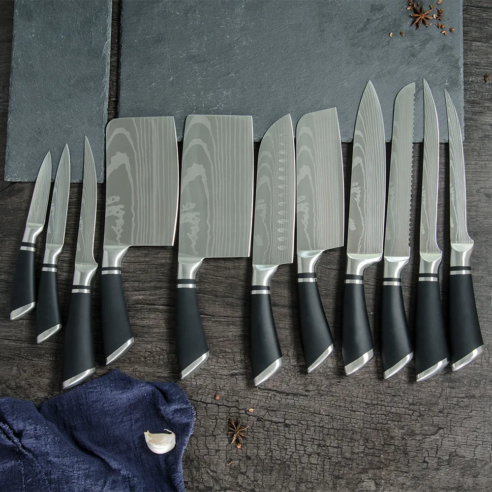 

Chef knife 1-12Pcs Set Kitchen Knives Laser Damascus Pattern Sharp Japanese Santoku Knife Cleaver Slicing Utility Knife