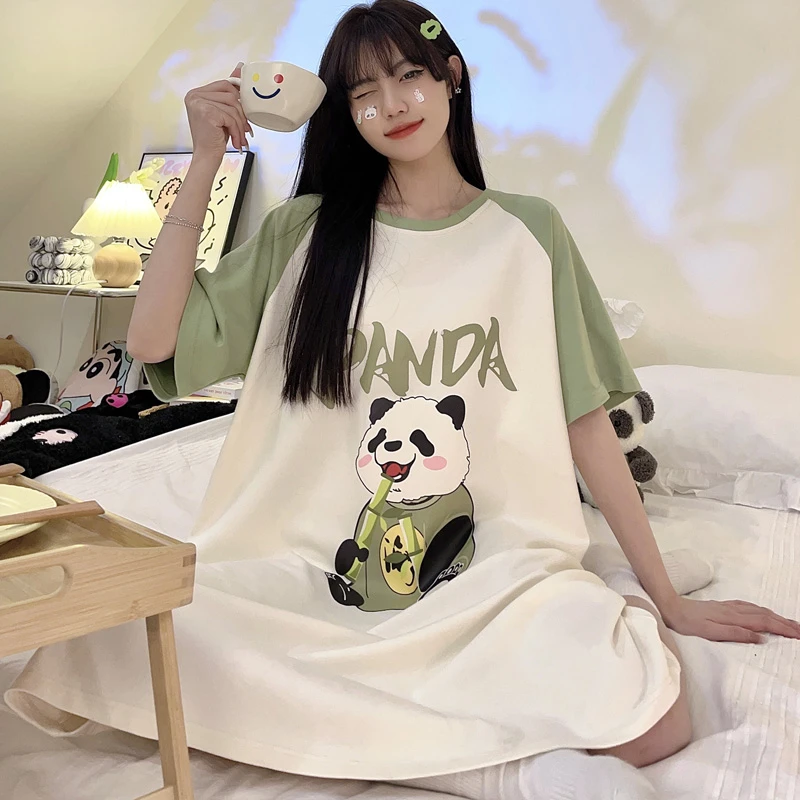 Summer Women Nightgown Pajamas Cartoon Panda Print  Nightdress Cute Sleepwear Girl Pijamas Mujer  Women Leisure Homewear