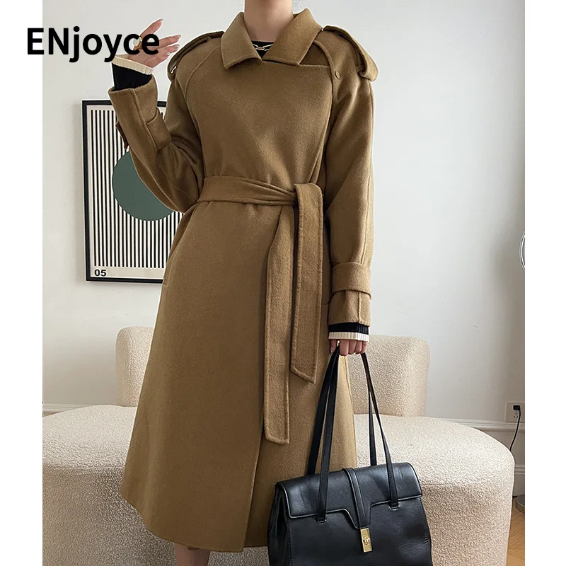 

Женское двухстороннее шерстяное пальто с отложным воротником и поясом, офисное модное приталенное кашемировое утепленное ветрозащитное длинное пальто, зима 2022