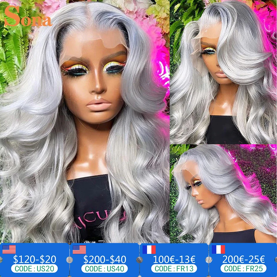 26 28 30inch Gray Lace Frontal Wigs Human Hair Body Wave Transparent Wavy Grey Lace Front Wig For Women Pre Plucked