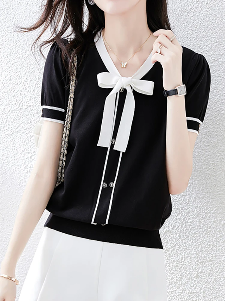 

Women's Knitting T Shirt Patchwork Bow Button Tshirts Tee Shirt Femme V Neck Slim Thin Casual Summer Fashion Korean Tops Female