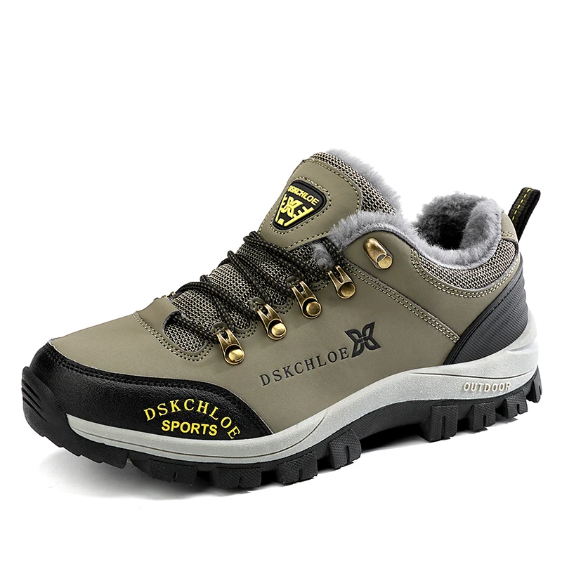 HIKEUP Hiking Shoes Outdoor Men Sneakers Leather Winter Low-Top Plus Wool Men's Shoes Wear-Resistant Climbing Trekking Sports