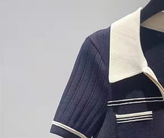 

Women Knitted Dresses Simple Fashion Short-sleeved Half Zipper Female Turn-down Collar Mini Robe 2022 Spring Summer new