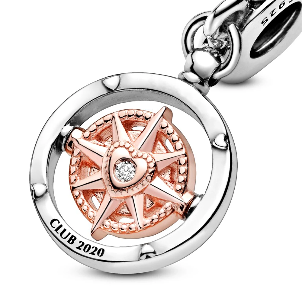 Boussole tournante Pandora en argent regardé 925 pour femme, breloque pendante pour bracelet, cadeau de bijoux de fête d'anniversaire, bricolage exécutif 2