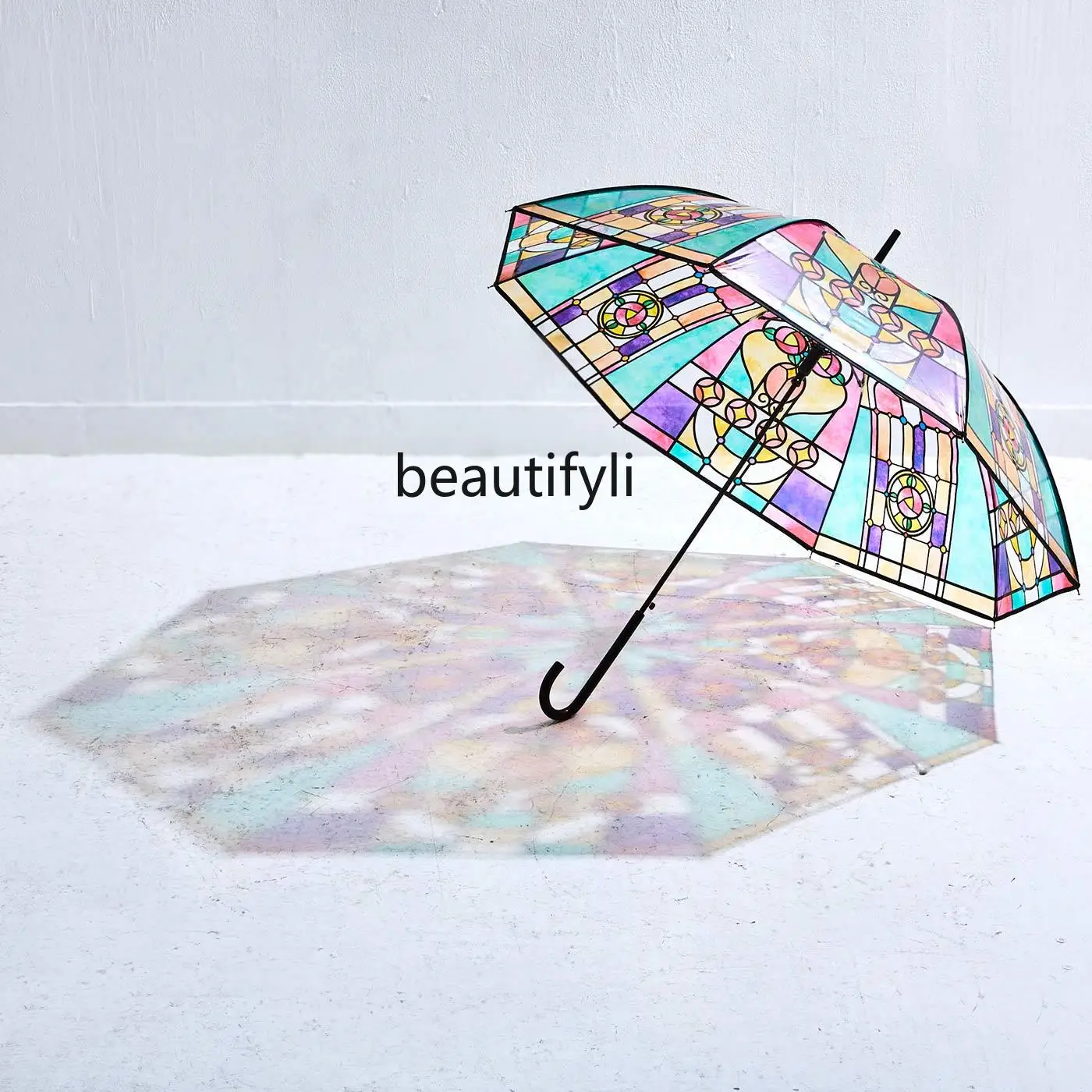 

yj Romantic Retro Style Painted Glass Transparent Sunny Umbrella Fresh Dual-Use Long Handle Umbrella