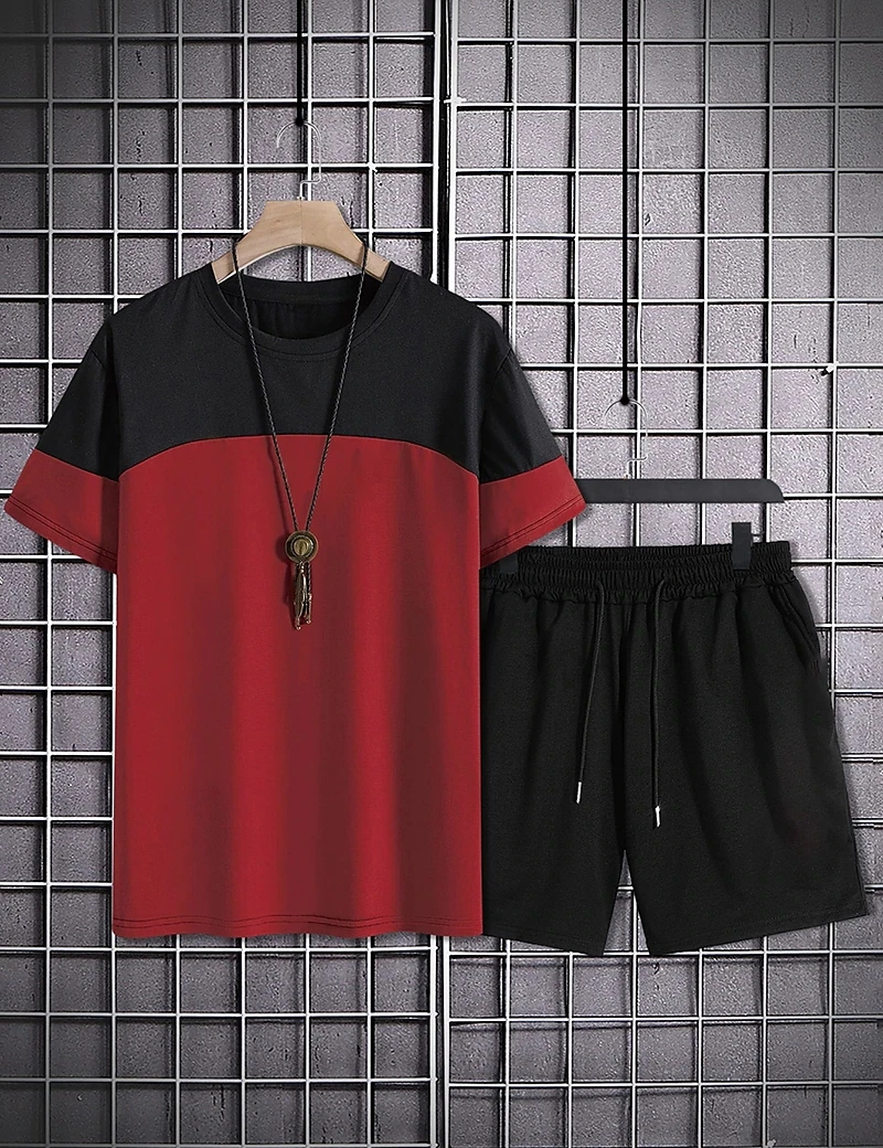 Mens Clothes 3D Printed T-shirt Suits  Hot Sales Fashion Round Neck Short Sleeves Ropa Solid Color Block Graphic Designer 2 Pcs