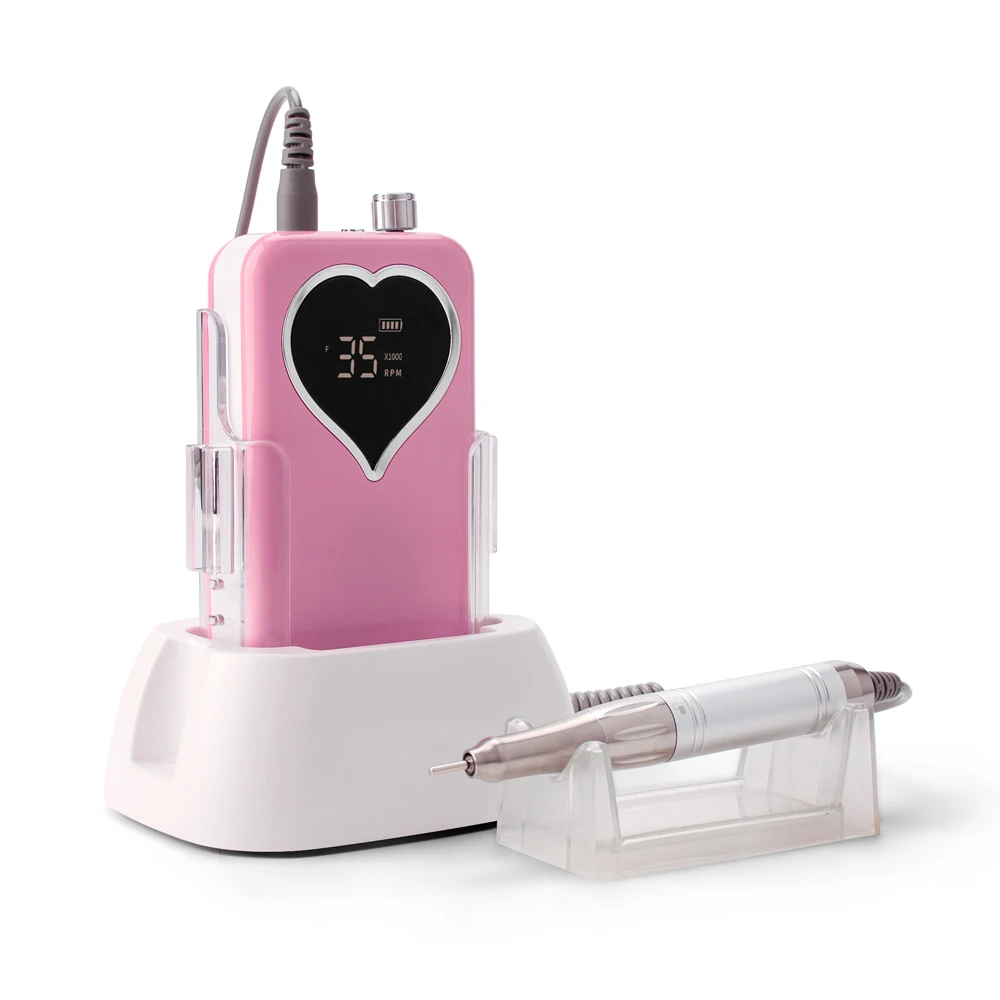 35000rpm Coreless Motor Heart Shape Rechargeable Wireless Gel Removing Cute Nail Drill Machine with Power Charging Station