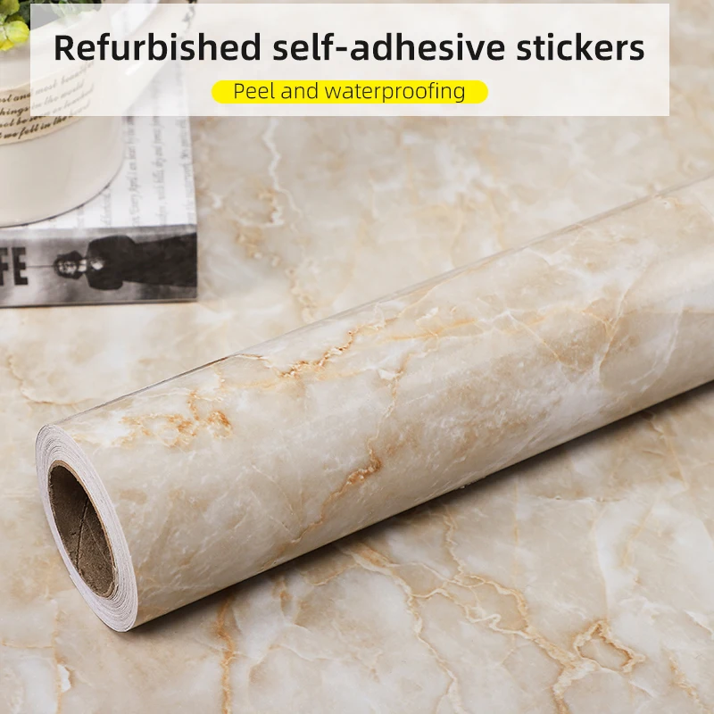 Самоклеящиеся водостойкие мраморные бежевые обои в рулоне для декора кухни