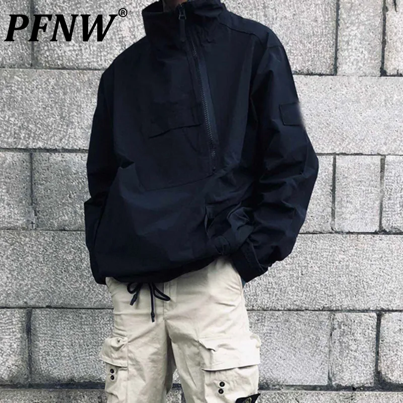 

PFNW Men's Tide Autumn Zipper Functional Windproof Jackets Darkwear Half Height Collar Loose Casual Diagonal Zipper Coat 12Z2329