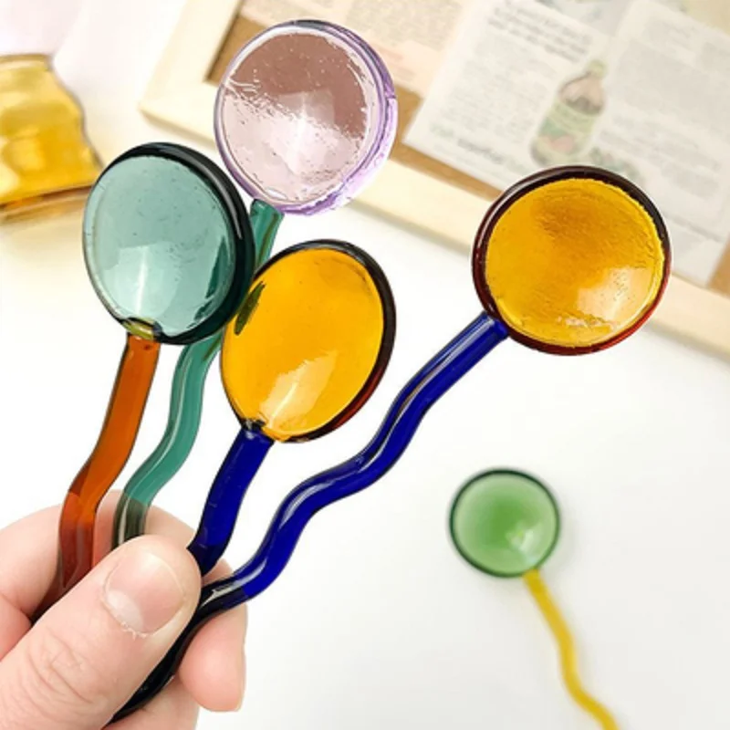 

Creative Glass Spoon Cutlery Heat Resistant Color Round Head Round Glass Coffee Milk Stir Bar Dessert Spoon