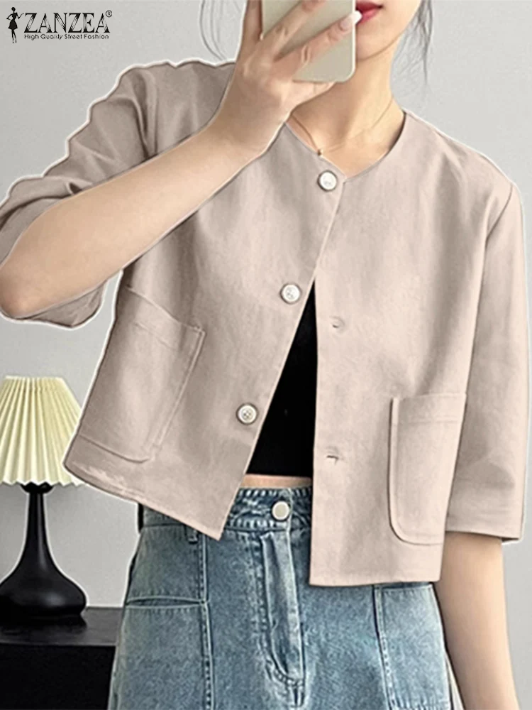 

Женская укороченная блузка ZANZEA, весенние пальто, тонкий элегантный однотонный Блейзер, женская рубашка с полурукавом и круглым вырезом, праздничные топы, блузы на пуговицах