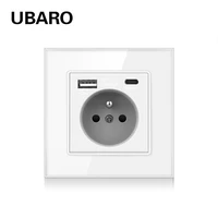 ubaro france standard home outlet with usb type c electrical plug white tempered glass panel single wall socket 110 250v 16a
