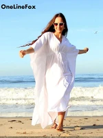 onelinefox 2022 solid bohemian bikini beach cover ups batwing sleeve tunic loose summer beachwear swimsuit cover up