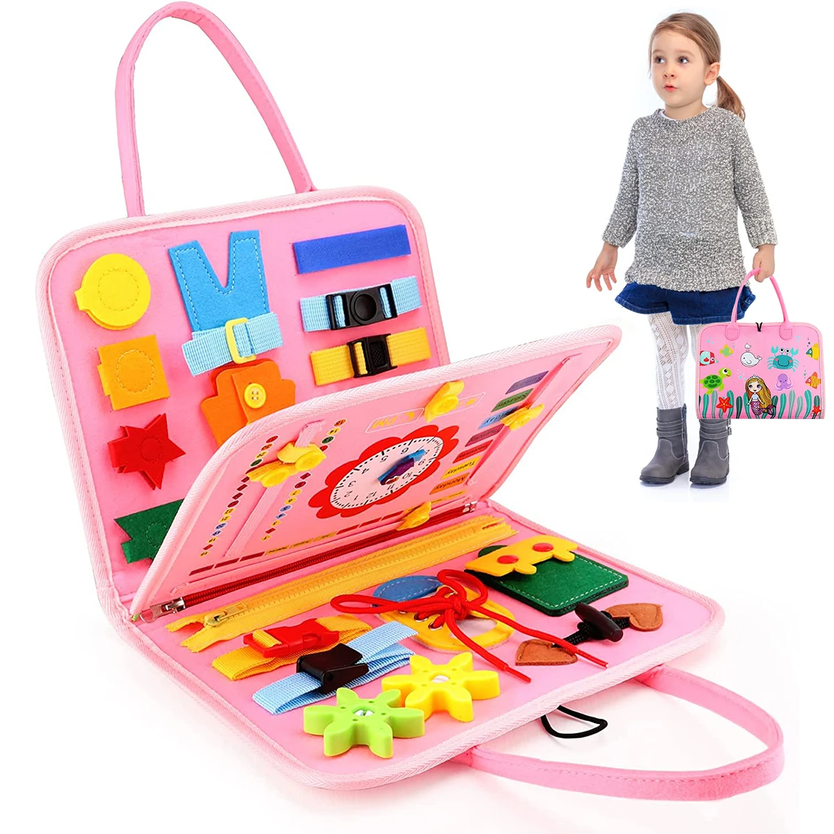 

Busy Board Felt Sensory Activity Board Toy Basic Life Skills Learning Portable Lightweight Quiet Book Educational Montessori Toy