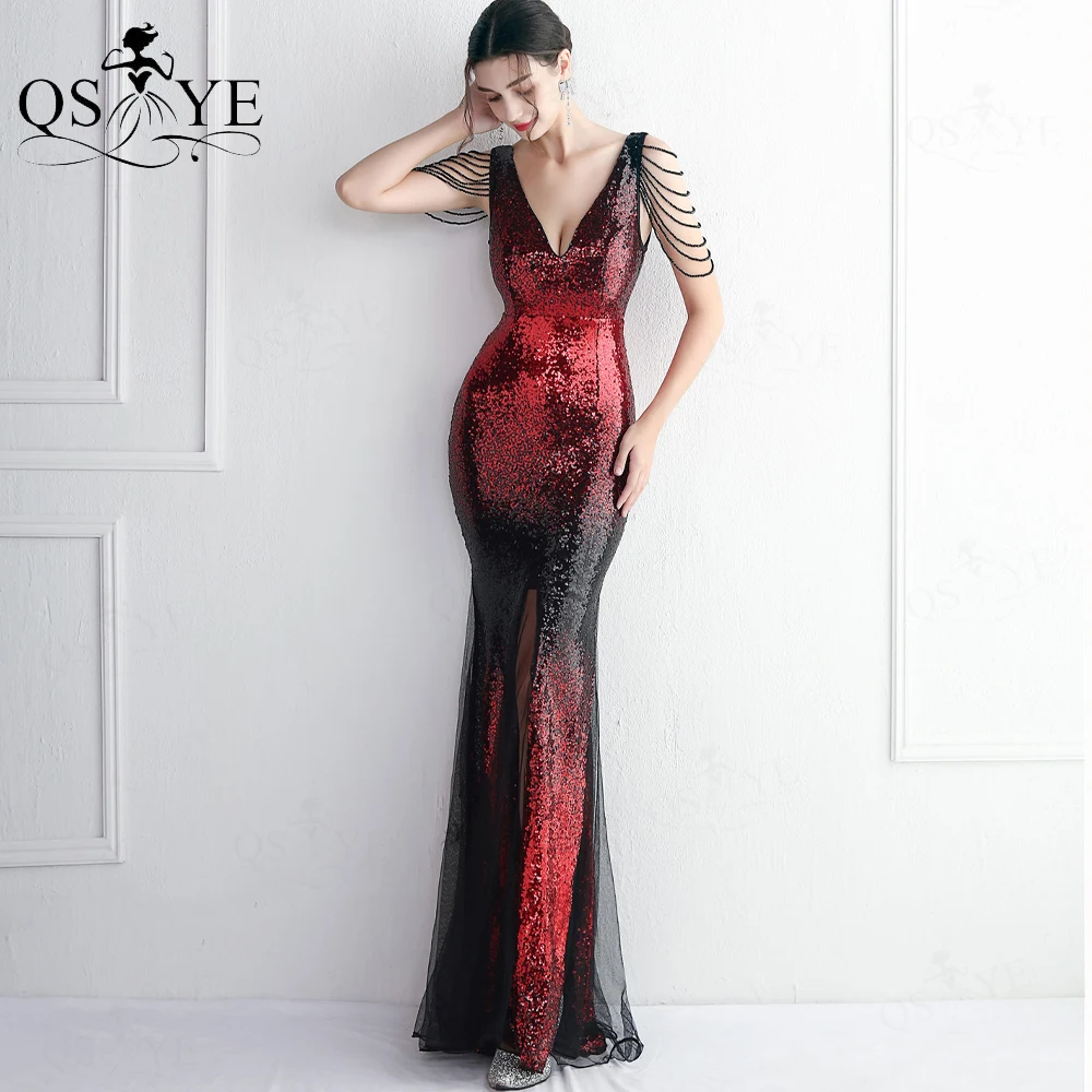 

Fading Black Red Evening Dresses Glitter Sequin Mermaid Prom Gown Beading Straps Sexy V Neck Tulle Fishtail Formal Party Dress