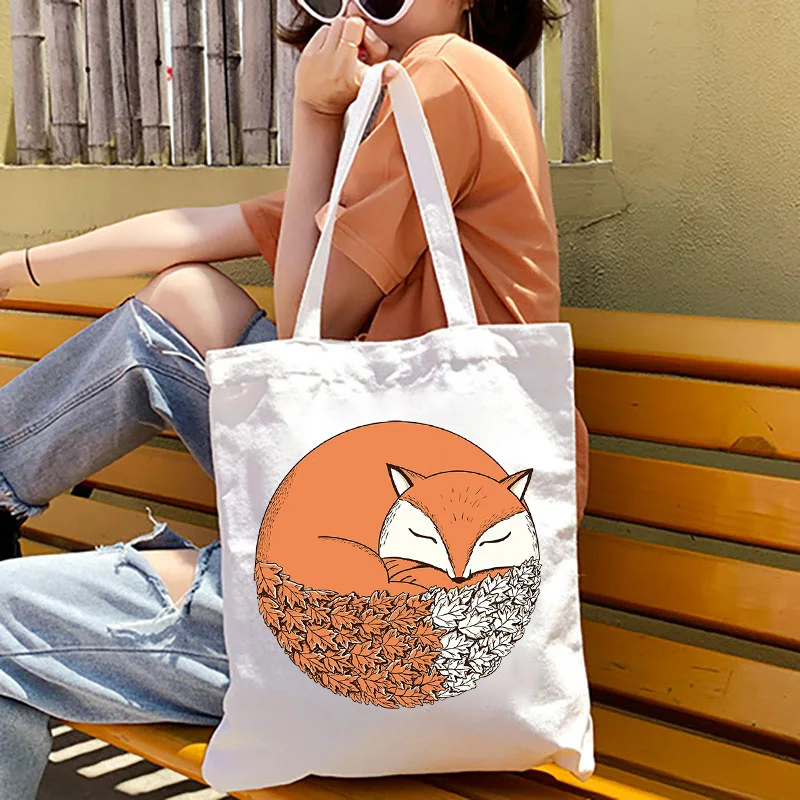 

Cartoon Fox shopping bag Women Totes Bags Reusable Eco shopper College handbag foldable Gothic travel female Shoulder Bags 2022