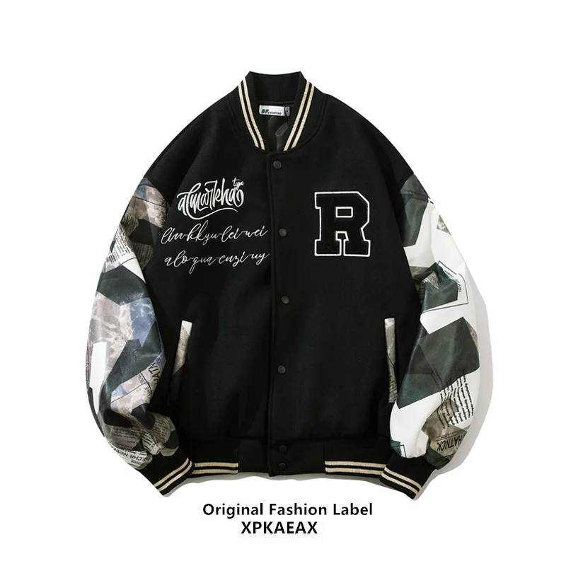 

Streetwear Fashion Jacket Men Vintage Letter Jacket Print Retro Basketball Jacket Leather Men Women Patchwork Autumn Coat Male