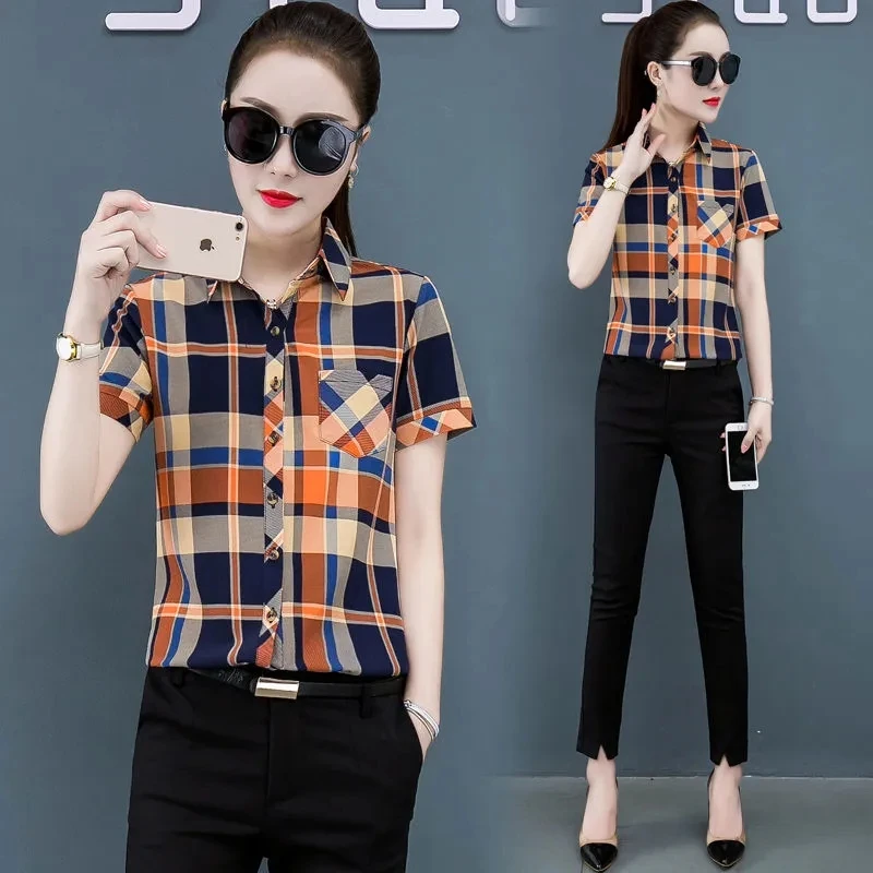 Женская модная клетчатая однобортная рубашка куртка с коротким рукавом Новинка