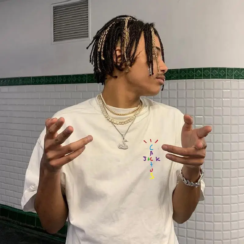 

Rapper Travis Scott Cactus Jack Rainbow Alphabet Print T-Shirt Hip Hop Quality Cotton Short Sleeves Men Women Oversized Tops