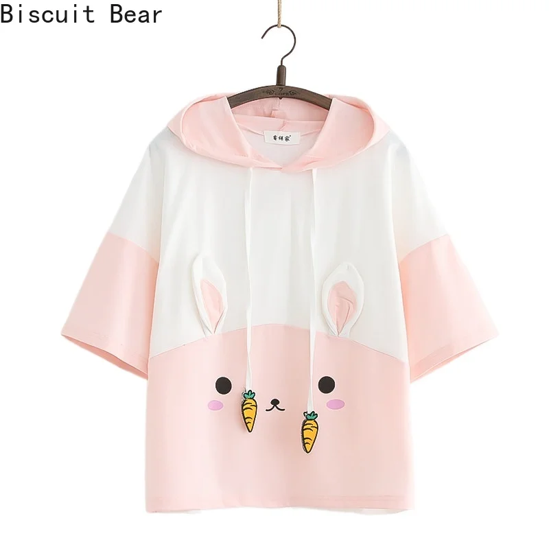 

Short Sleeve Cotton Hoody Sweatshirt for Women Cartoon Embroidery Sweet Style Ladies Top 2022 Summer Casual Young Women Hoodies