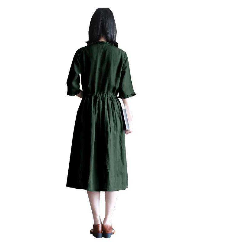 Льняное весенне-летнее женское платье с семиточечным рукавом и воротником